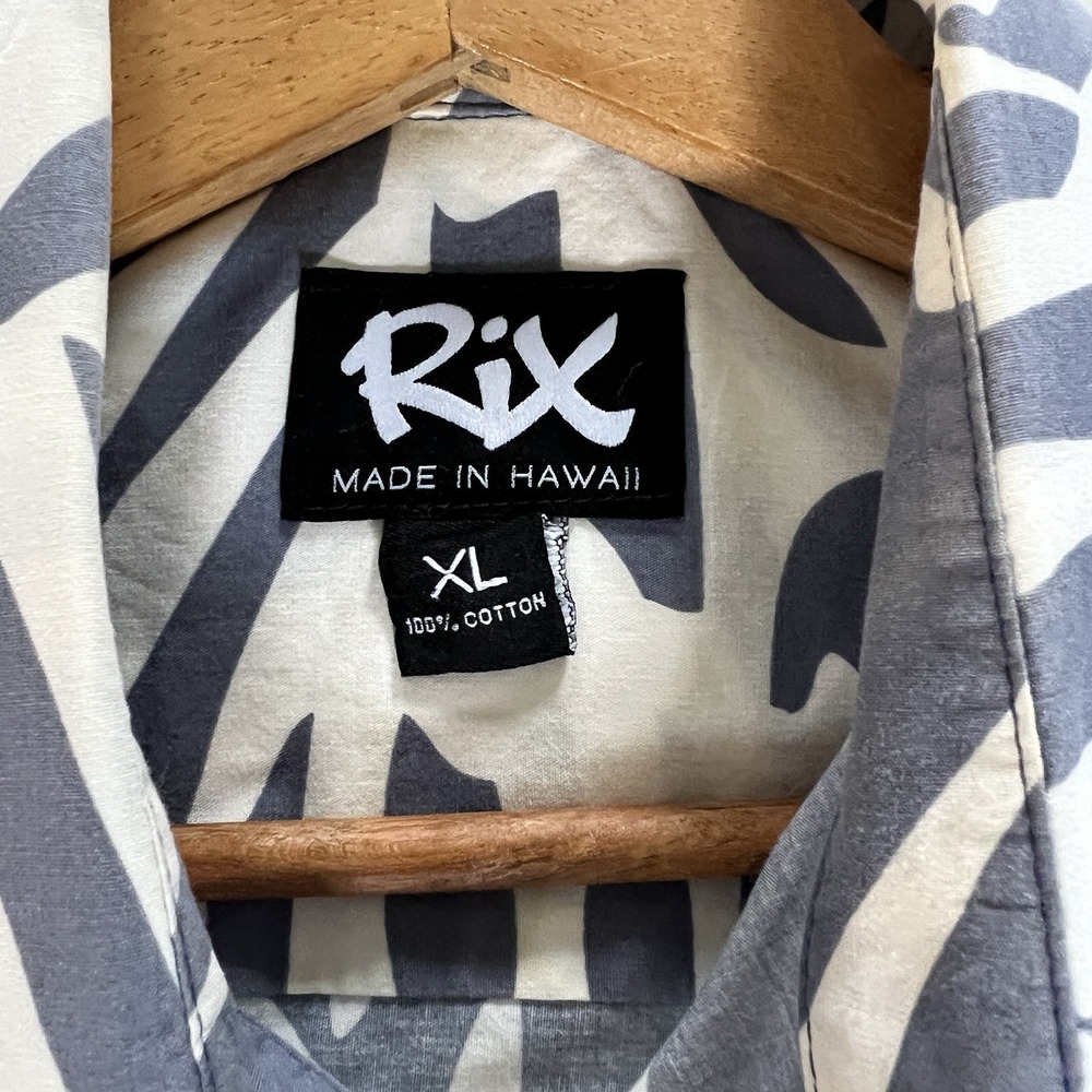 Rix Made in Hawaii Aloha Shirt Men XL Blue White Palm Leaf Cotton Button Front - Picture 4 of 4